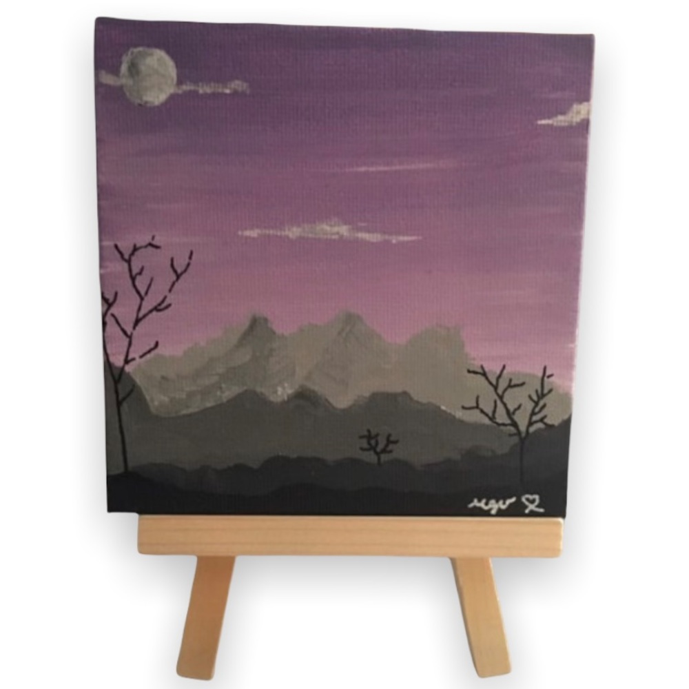 Mini painting on 4x4 stretched canvas. Purple Mountain Design. Easel included.